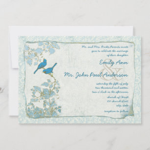 Royal Blue Birds Damask Pink Font Wedding Invite Kaart