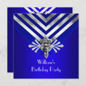 Royal Blue Birthday Party Silver Stripe Kaart (Voorkant / Achterkant)