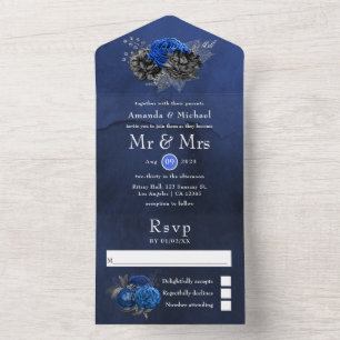 Royal Blue, Black and Silver Floral Wedden All in One Uitnodiging