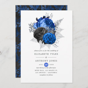 Royal Blue, Black and Silver Floral Wedding Kaart