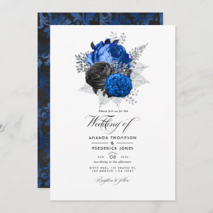 Royal Blue, Black and Silver Floral Wedding Photo Kaart