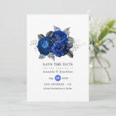 Royal Blue, Black and Silver Floral Wedding Save The Date (Staand voorkant)