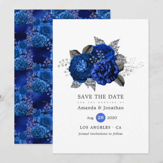 Royal Blue, Black and Silver Floral Wedding Save The Date (Voorkant / Achterkant)
