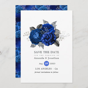 Royal Blue, Black and Silver Floral Wedding Save The Date