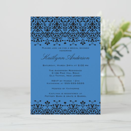 Royal Blue & Black Damask Bridal Shower Uitnodigin Kaart (Staand voorkant)