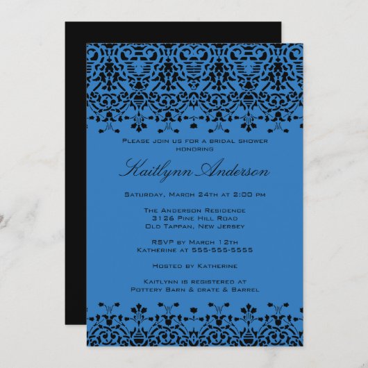Royal Blue & Black Damask Bridal Shower Uitnodigin Kaart (Voorkant / Achterkant)