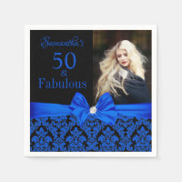 Royal Blue Black Floral Damask 50th Birthday Foto