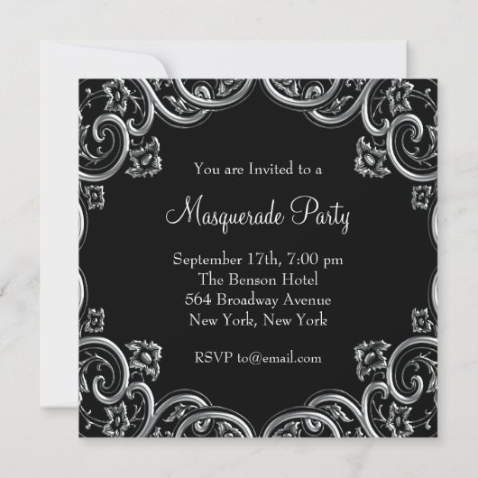 Royal Blue & Black Masquerade Party Kaart (Achterkant)