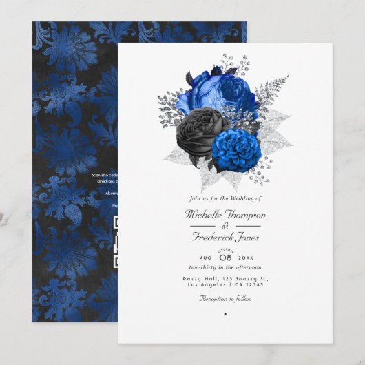 Royal Blue, Black & Silver Floral QR Code Weddensc Kaart (Voorkant / Achterkant)