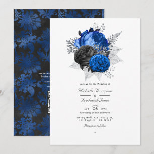 Royal Blue, Black & Silver Floral QR Code Weddensc Kaart