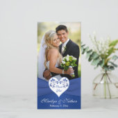 Royal Blue, Blanc Floral Heart Mariage Carte photo (Debout devant)