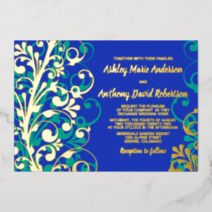 Royal Blue Blauwgroen Real Gold Foil Floral Weddin Folie Uitnodiging