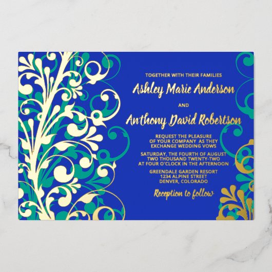Royal Blue Blauwgroen Real Gold Foil Floral Weddin Folie Uitnodiging (Voorkant)