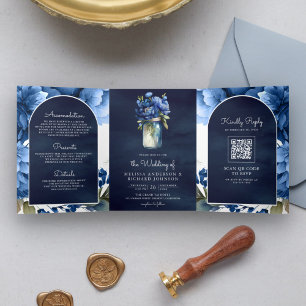 Royal Blue Bloem Mason Jar QR Code Marine Huwelijk Drieluik Uitnodiging