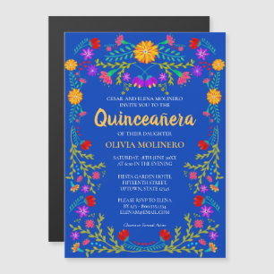 Royal Blue Bloemen Folk Art Mexicaanse Quinceanera Magnetische Uitnodiging