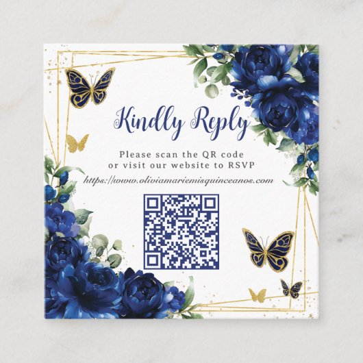 Royal Blue Bloemen Goud Quinceañera 16 QR Code RSV Informatiekaartje (Voorkant)