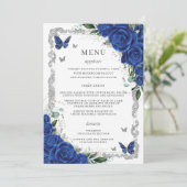 Royal Blue Bloemen Zilver Quinceanera Menu (Staand voorkant)