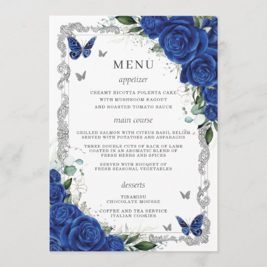Royal Blue Bloemen Zilver Quinceanera Menu (Voorkant)