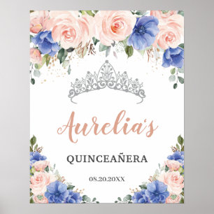 Royal Blue Blush Floral Quinceañera Tiara Welkom Poster
