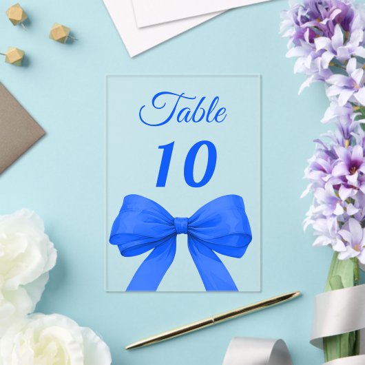 Royal blue bow acrylic table number sign acryl uitnodigingen (Insitu (Huwelijk))