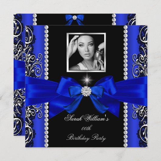 Royal Blue Bow Birthday Party Black Silver Foto 2 Kaart (Voorkant / Achterkant)