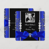 Royal Blue Bow Birthday Party Black Silver Foto 3 Kaart (Voorkant / Achterkant)