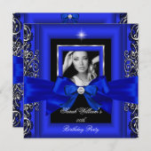 Royal Blue Bow Birthday Party Silver Foto Kaart (Voorkant / Achterkant)