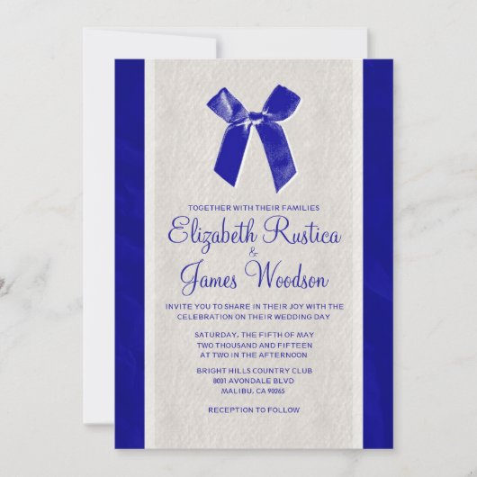Royal Blue  Bow & Linen Wedding Invitations Kaart (Voorkant)