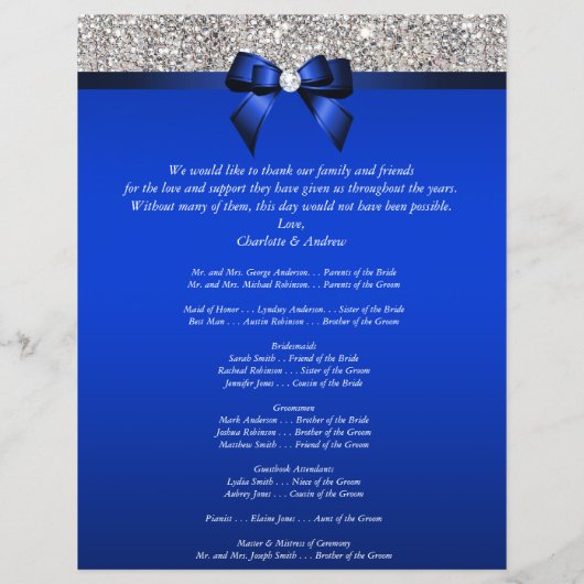 Royal Blue Bow Silver Sequins Programme de mariage (Dos)