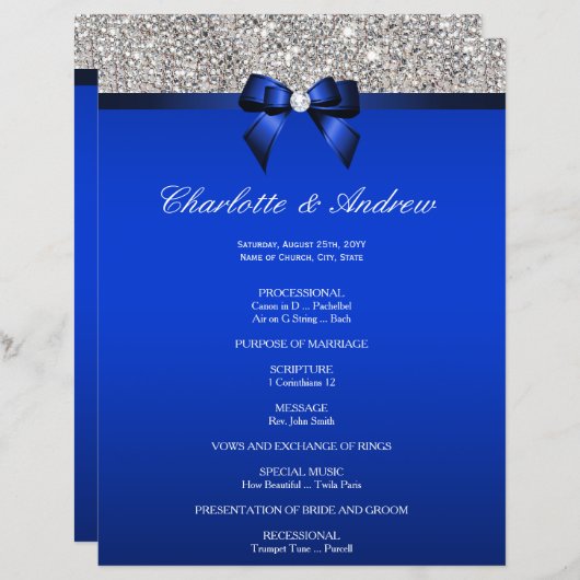 Royal Blue Bow Silver Sequins Wedding Programme (Voorkant / Achterkant)