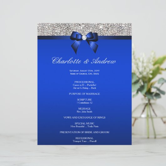 Royal Blue Bow Silver Sequins Wedding Programme (Staand voorkant)