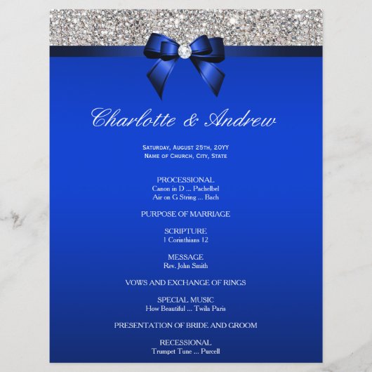 Royal Blue Bow Silver Sequins Wedding Programme (Voorkant)