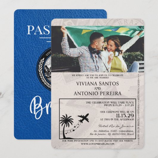 Royal Blue Brazil Passport Wedding Invitation Kaart (Voorkant / Achterkant)