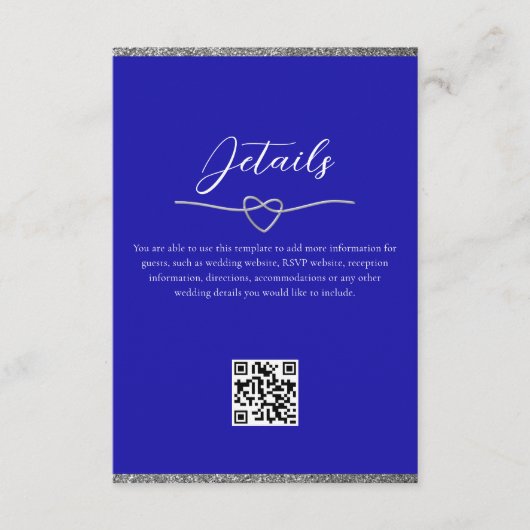Royal Blue bruiloft details QR-code Informatiekaartje (Voorkant)