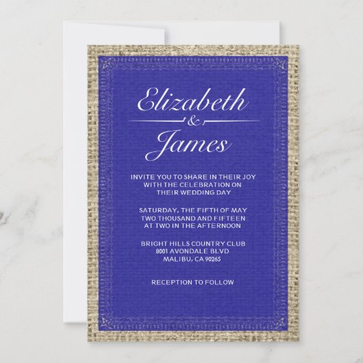 Royal Blue  Burlap Wedding Invitations Kaart (Voorkant)