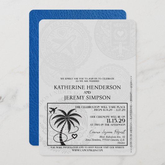 Royal Blue Cancun Passport Wedding Kaart (Voorkant / Achterkant)