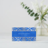 Royal Blue Cerulean Glimmer Damask Silver Visitekaartje (Staand voorkant)