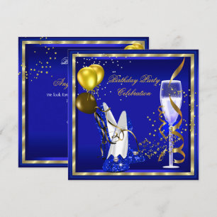 Royal Blue Champagne Gold Glitter Birthday Party Kaart