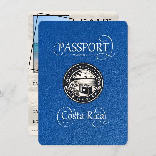 Royal Blue Costa Rica Paspoort Save The Date (Voorkant / Achterkant)