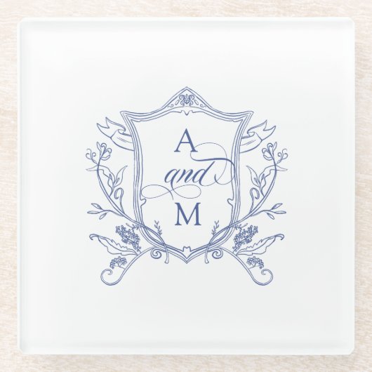 Royal Blue  Crest Wedding Bedankt Glazen Onderzetter (Voorkant)