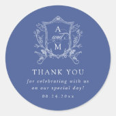 Royal Blue  Crest Wedding Bedankt Ronde Sticker (Voorkant)