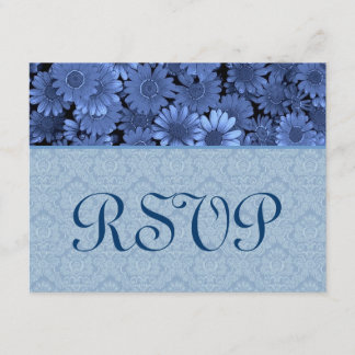 Royal Blue Daisy Damask Wedding RSVP Kaartje
