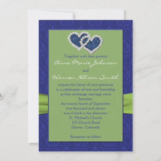 Royal Blue Damask en Pleats Chartreuse Kaart (Achterkant)