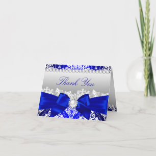 Royal Blue Damask & Pearl Bow bedankkaart