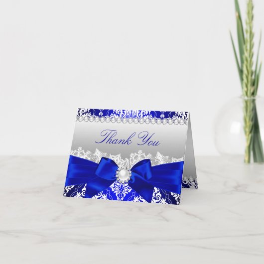 Royal Blue Damask & Pearl Bow Carte de remerciemen (Devant)