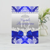 Royal Blue Damask Pearl Bow Quinceanera Invitation (Debout devant)