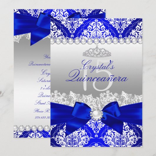 Royal Blue Damask Pearl Bow Quinceanera Invitation (Devant / Derrière)