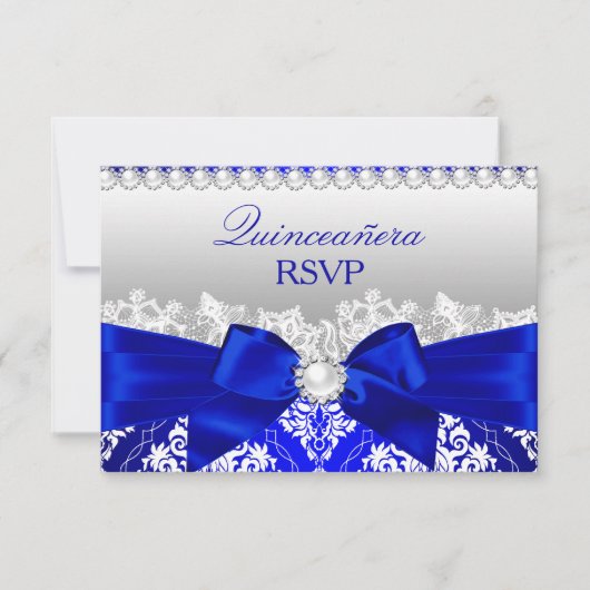 Royal Blue Damask & Pearl Bow Quinceanera RSVP (Devant)