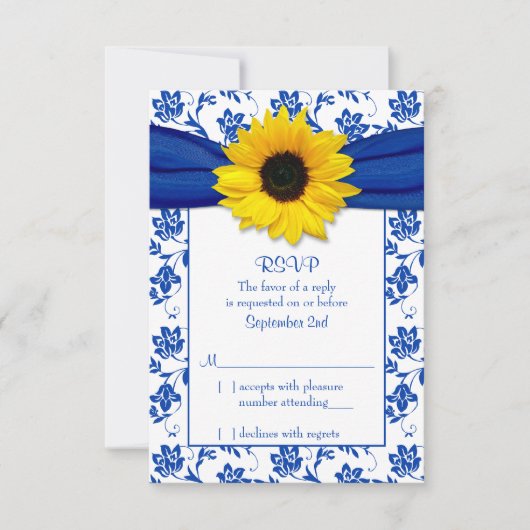 Royal Blue Damask Sunflower Wedding Carte RSVP (Devant)
