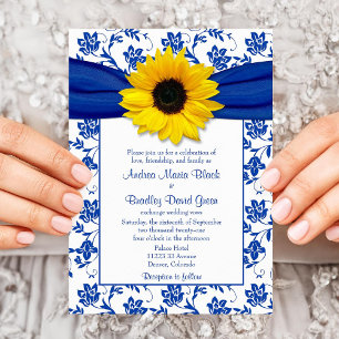 Royal Blue Damask Sunflower Wedding Invitation Kaart